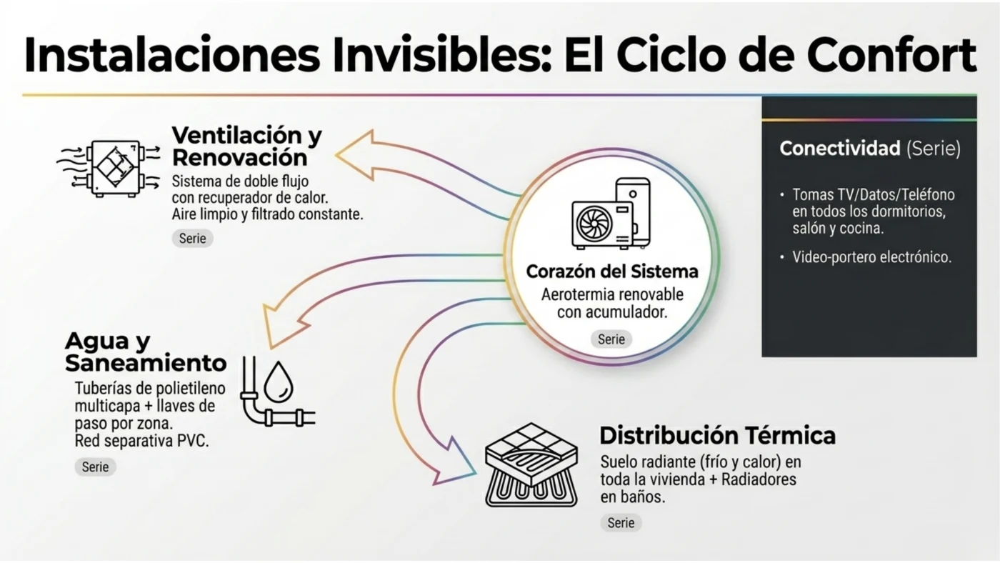 Instalaciones invisibles: aerotermia con acumulador, suelo radiante, ventilación de doble flujo