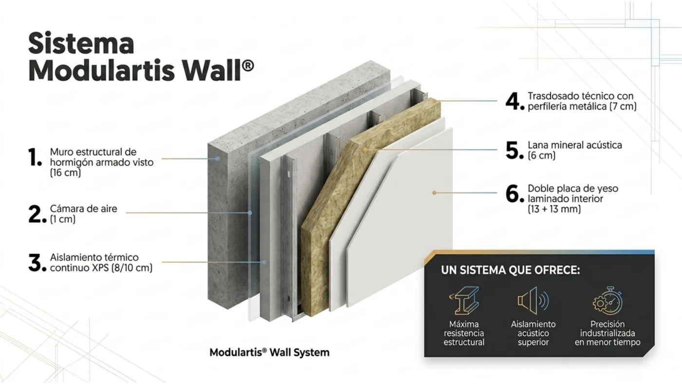 Sistema constructivo Modulartis Wall: muro de hormigón, cámara de aire, XPS, lana mineral y doble placa de yeso